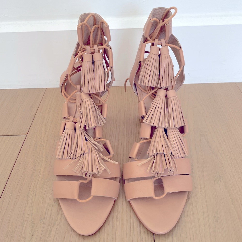 Loeffler Randall Luz Tassel Lace Up Leather Sandals in Beige